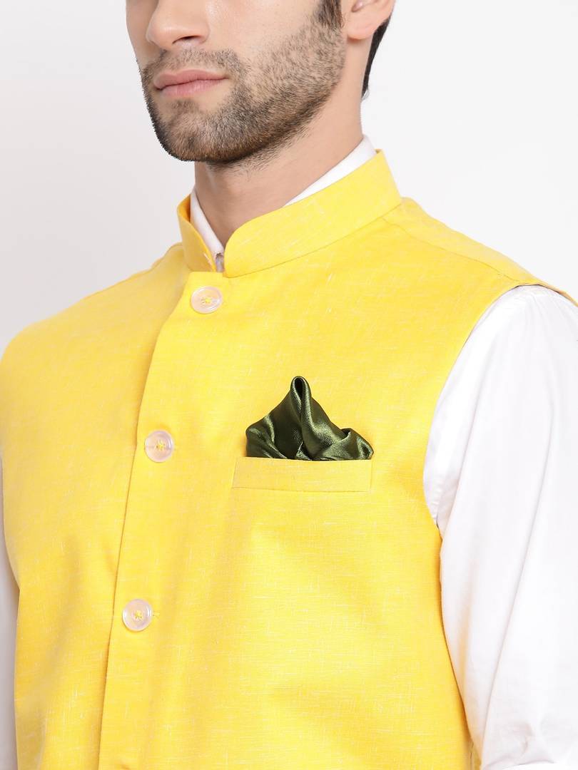Men's Yellow 
Cotton Blend
 Woven Design Nehru Jackets